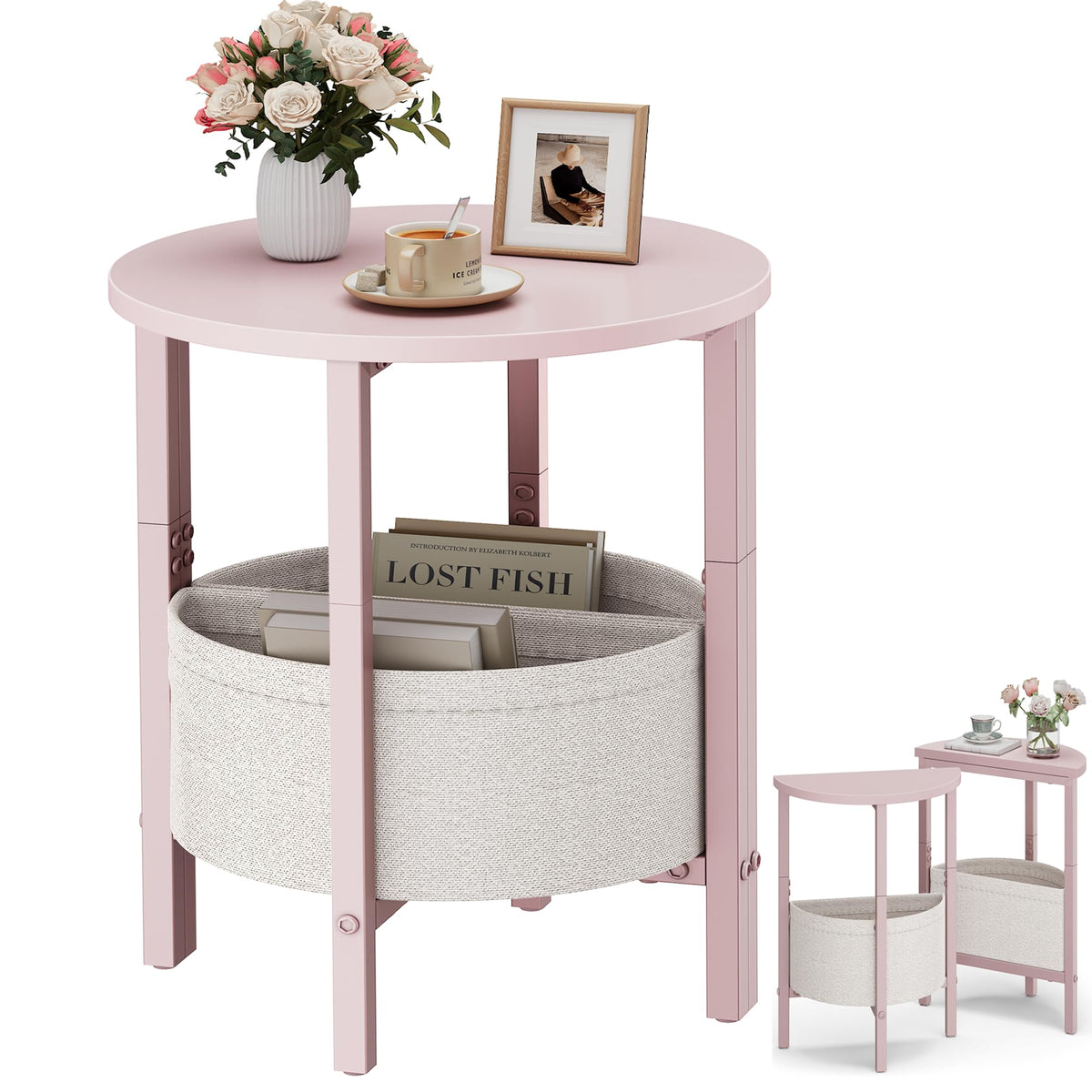 VAGUSICC Side Table, Small Round End Table with Fabric Basket, Set of 2 Half Round Side Table Half Moon Tables, Round Accent Coffee Table, Tea Sofa Table Nightstand for Living Room Bedroom Small Space