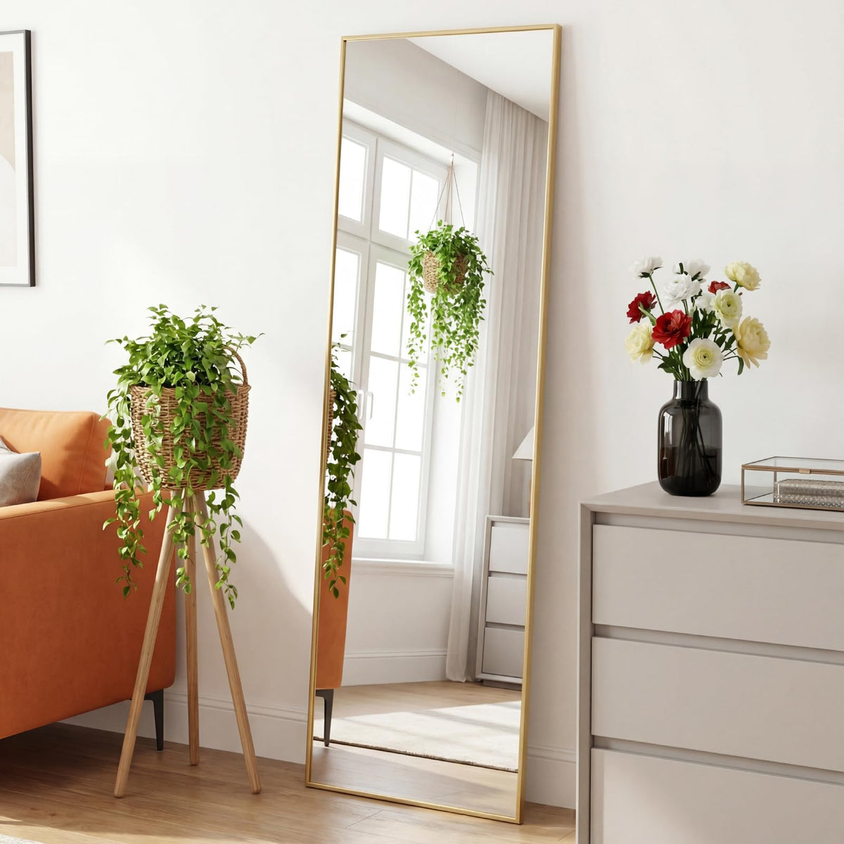 DUMOS Full Length Mirror Body Floor Mirror for Bedroom or Cloakroom, Can Stand Alone, Hang or Lean Against Wall, Tall Wall Mirror with Stand and Sleek Aluminum Alloy Thin Frame
