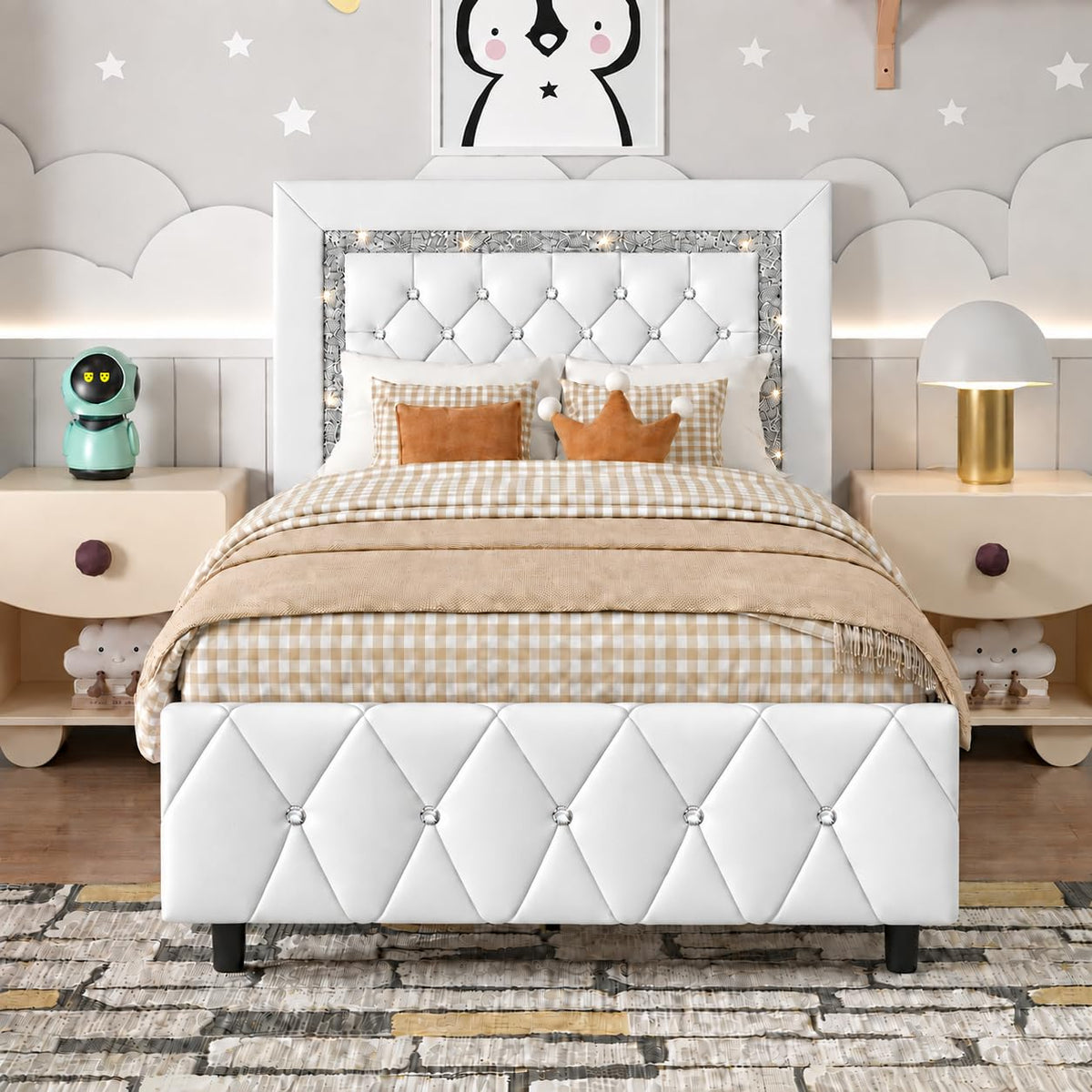 HOMBCK Bed Frame with Diamond Headboard, Faux Leather Upholstered Platform Bed, Mattress Foundation, No Box Spring Needed, Easy Assembly