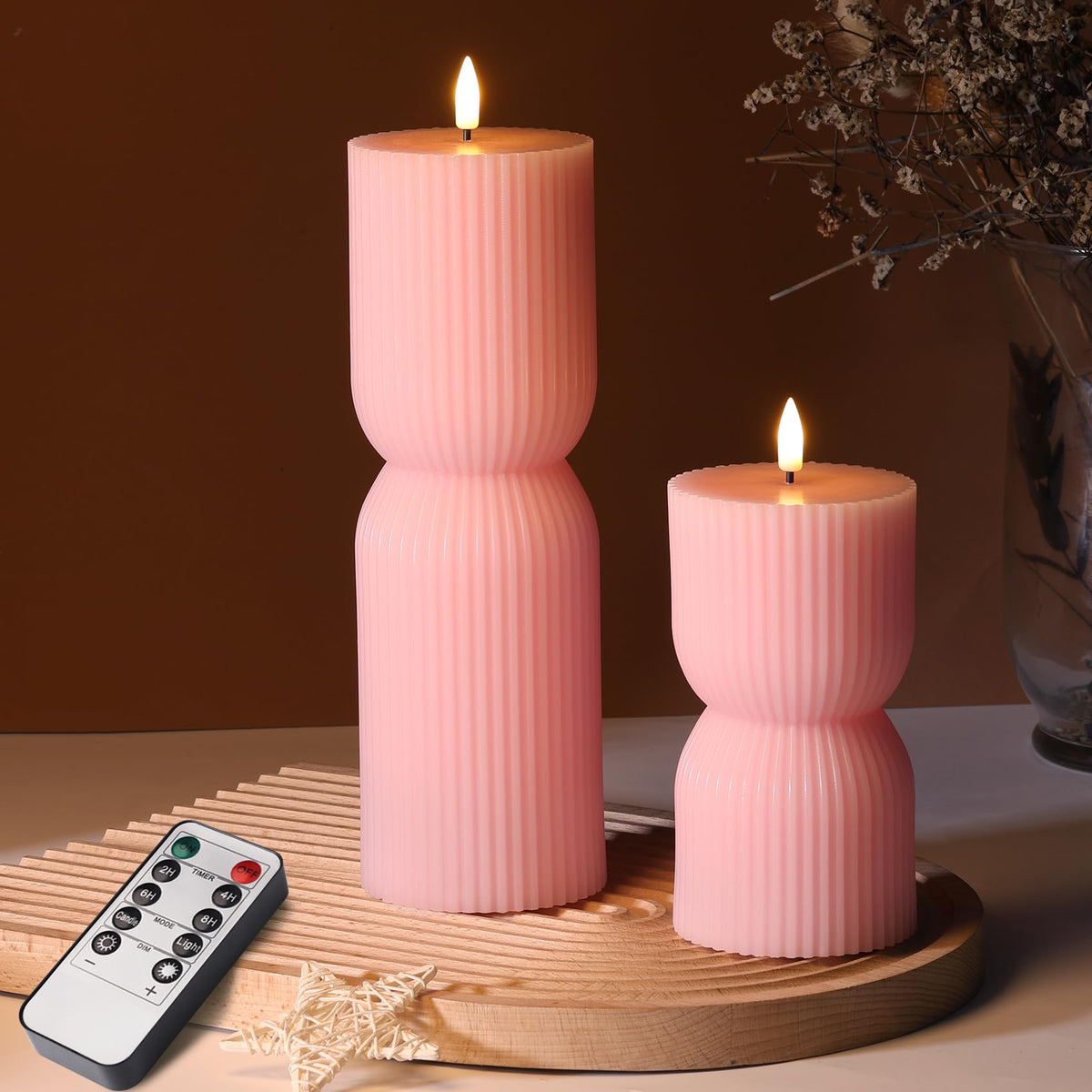Girimax Ribbed Flameless Pillar Candles with Remote Set of 2