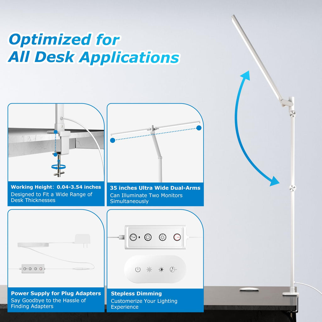 Airlonv LED Desk Lamp with Clamp, 17" Stepless Dimming Light