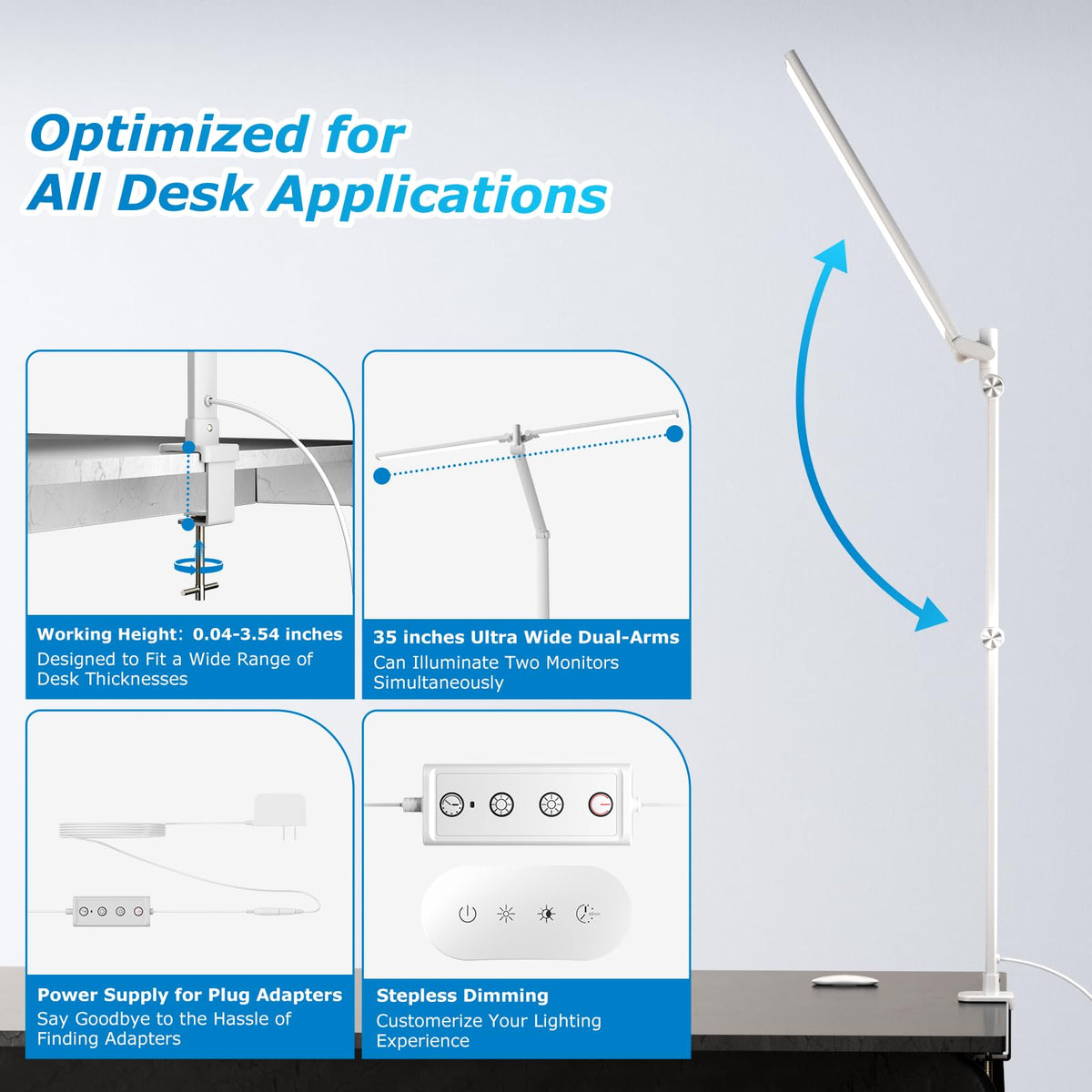 Airlonv LED Desk Lamp with Clamp, 17" Stepless Dimming Light
