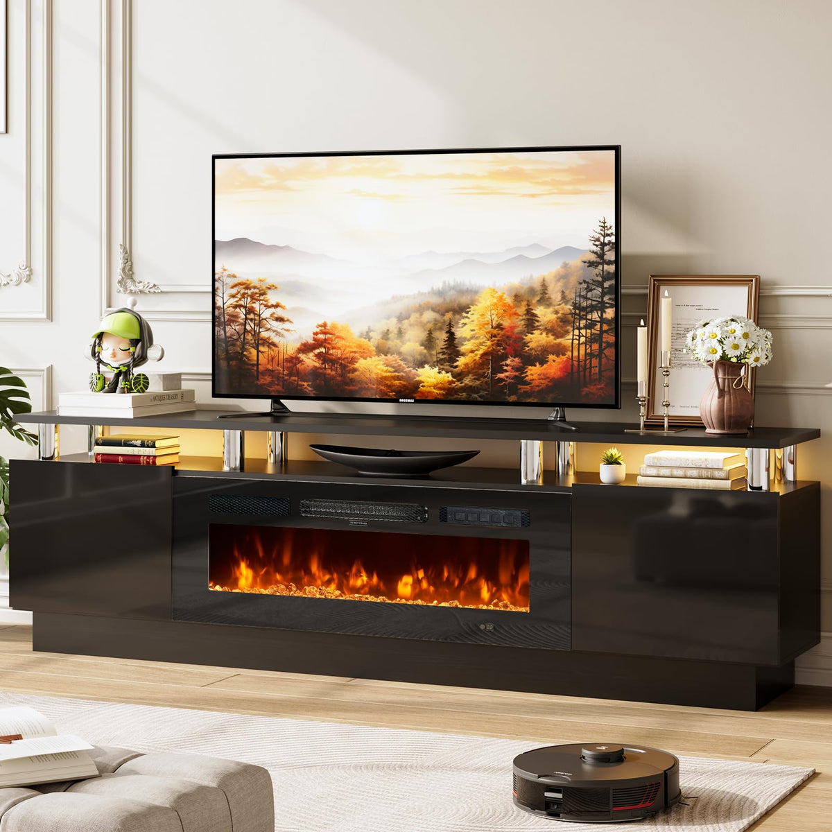 OneBlis Fireplace TV Stand, 70" Entertainment Center & Media Console, Fits TVs up to 80", Modern Living Room TV Cabinet with Storage Shelves, 36" Electric Fireplace, LED Flame