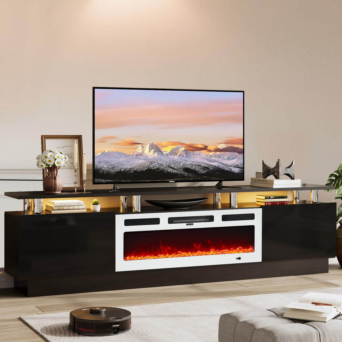 OneBlis Fireplace TV Stand, 70" Entertainment Center & Media Console, Fits TVs up to 80", Modern Living Room TV Cabinet with Storage Shelves, 36" Electric Fireplace, LED Flame
