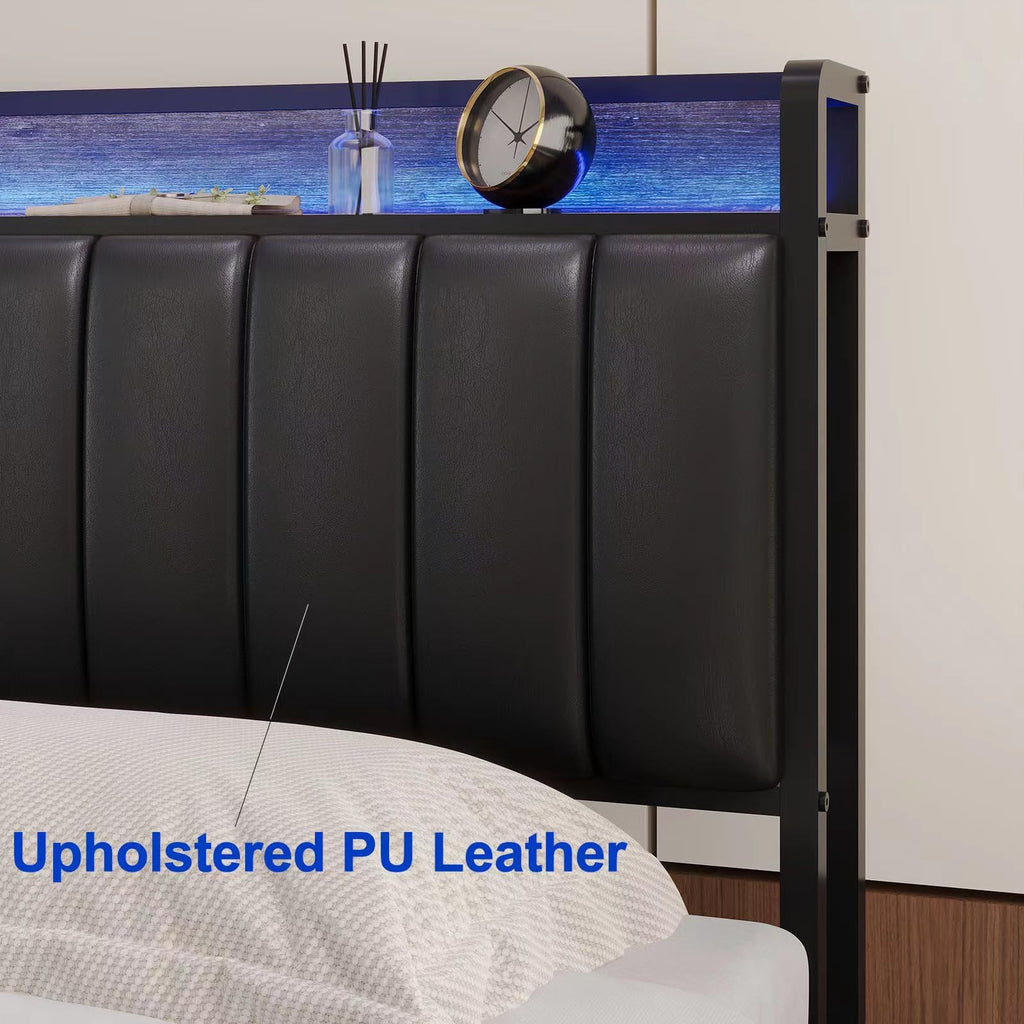 Muluflower Upholstered Headboard with LED Lights & Charging Station, PU Upholstery, Headboard Only, Height Adjustable, Attach Frame, Sturdy and Stable, Easy Assembly