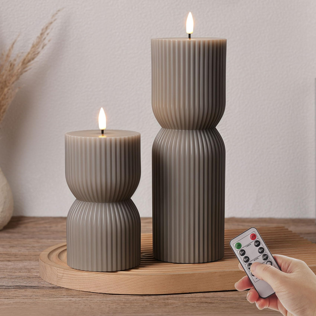Girimax Ribbed Flameless Pillar Candles with Remote Set of 2