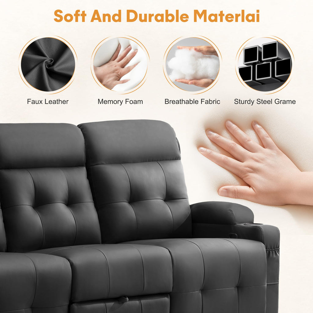 Korser 3-Seater Loveseat Recliner Sofa, Manual Recliner Chair with Flip Back Console, Cup Holder & USB, Home Theater Seating for Family Party, PU Leather