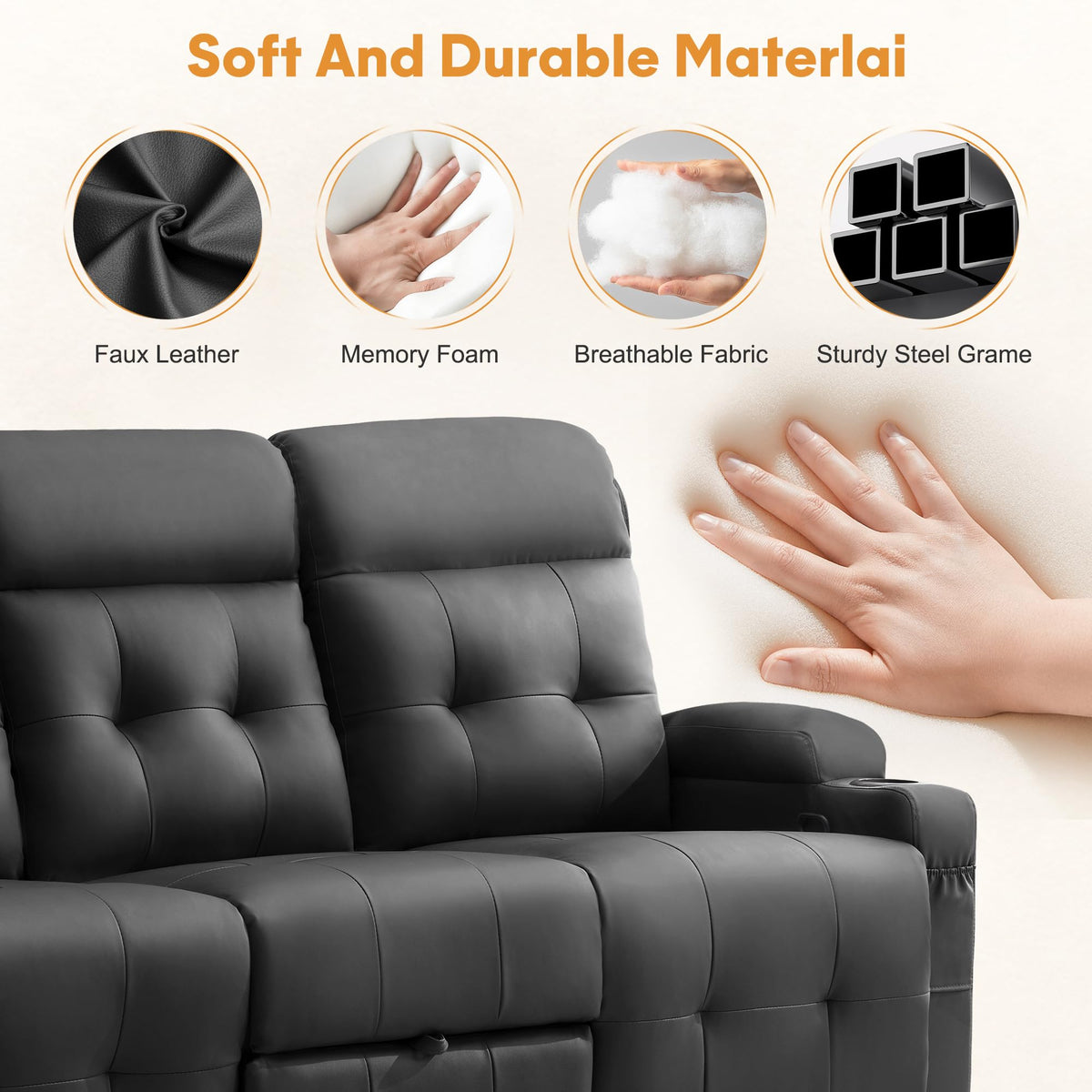 Korser 3-Seater Loveseat Recliner Sofa, Manual Recliner Chair with Flip Back Console, Cup Holder & USB, Home Theater Seating for Family Party, PU Leather