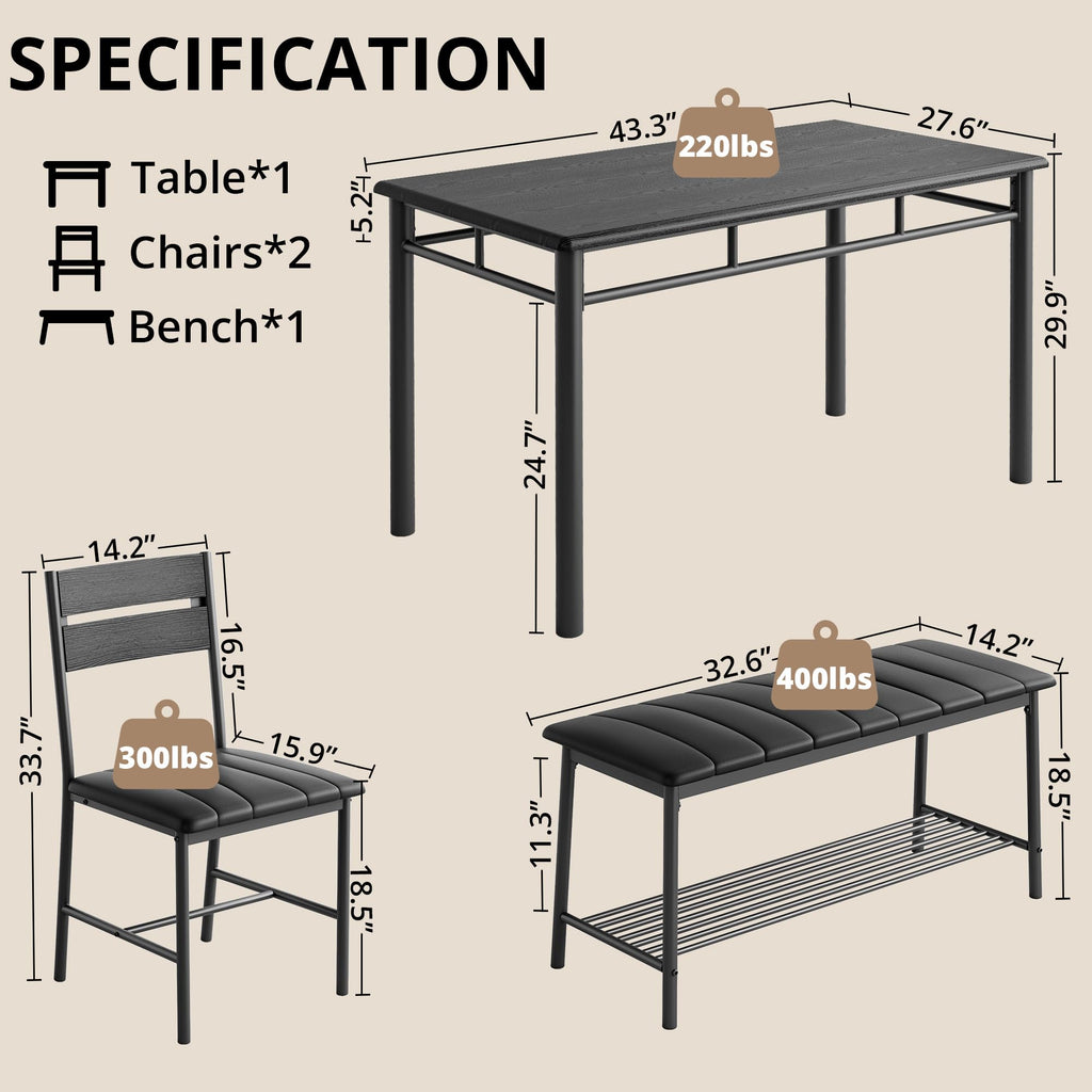 IRONCK Dining Table Set for 4, Kitchen Table with Upholstered Bench and 2 Chairs, Kitchen Table and Chairs Set for Small Space, Apartment