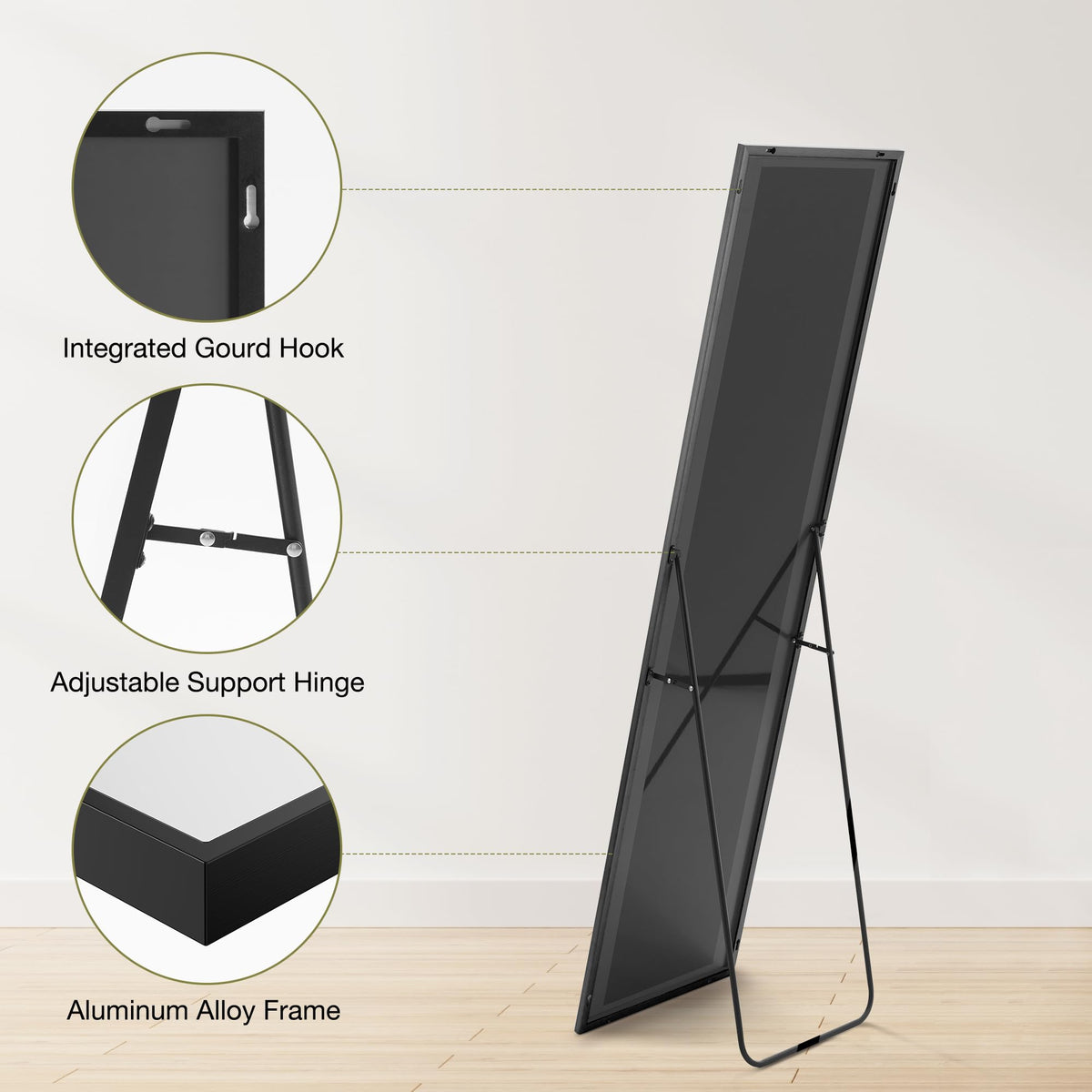 DUMOS Full Length Mirror Body Floor Mirror for Bedroom or Cloakroom, Can Stand Alone, Hang or Lean Against Wall, Tall Wall Mirror with Stand and Sleek Aluminum Alloy Thin Frame