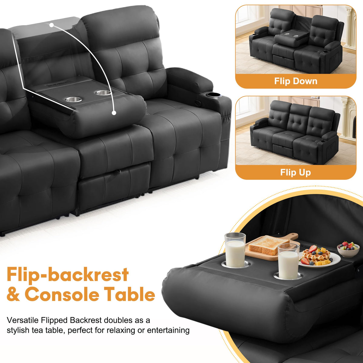 Korser 3-Seater Loveseat Recliner Sofa, Manual Recliner Chair with Flip Back Console, Cup Holder & USB, Home Theater Seating for Family Party, PU Leather