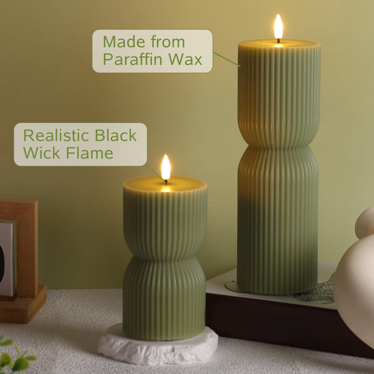 Girimax Ribbed Flameless Pillar Candles with Remote Set of 2