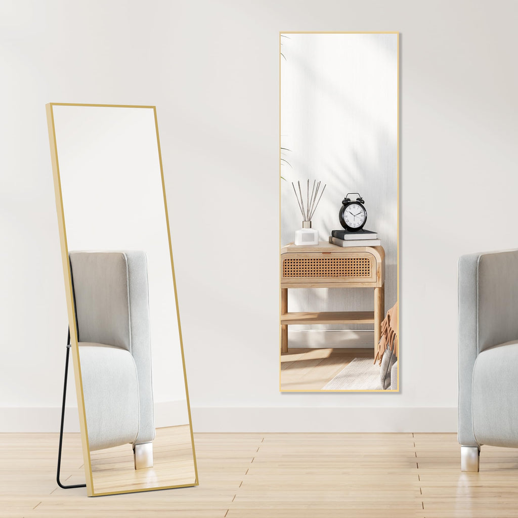 DUMOS Full Length Mirror Body Floor Mirror for Bedroom or Cloakroom, Can Stand Alone, Hang or Lean Against Wall, Tall Wall Mirror with Stand and Sleek Aluminum Alloy Thin Frame