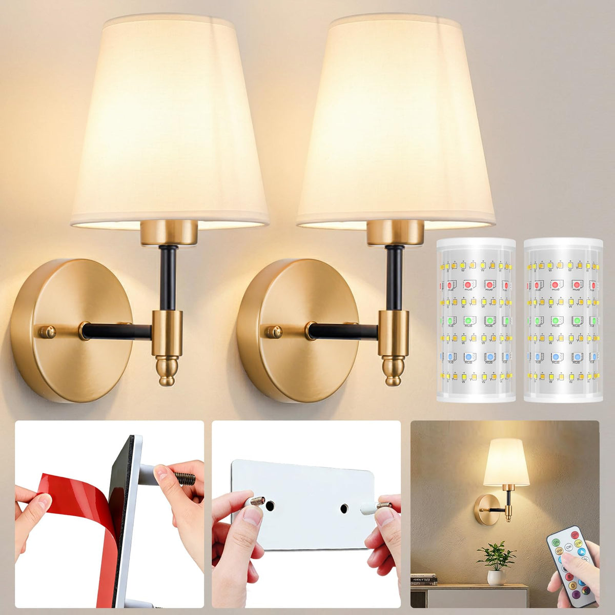 Battery Operated Wall Sconces Set Of Two, Wireless Battery Wall Light With 10000mAh RGB Rechargeable Magnetic Bulb, Rechargeable Wall Sconce With Remote Control For Bedroom, No Electrician Required