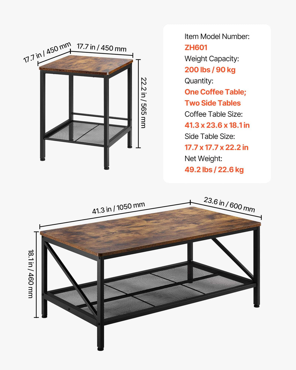 VEVOR 3 Pieces Living Room Table Sets