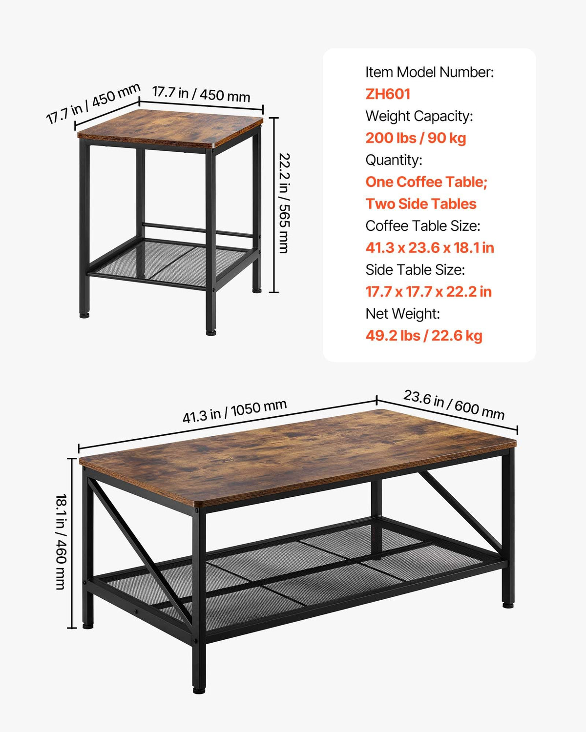 VEVOR 3 Pieces Living Room Table Sets