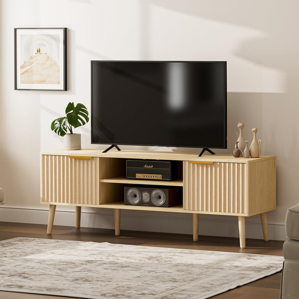 LCRBOL TV Stand for Living Room, Modern Entertainment Center for 55/60 inch TVs, TV Console with Fluted Door Cabinets and Open Shelves, for Bedroom