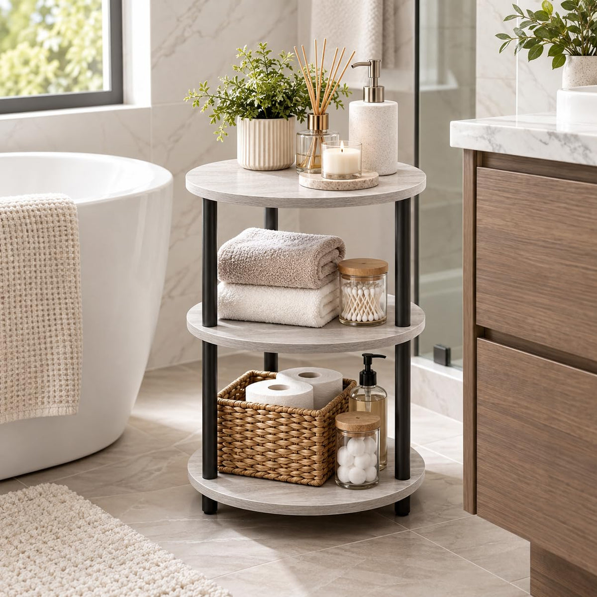 XBurmo Small Round End Table - 3 Tier Design Accent Table, Narrow Side or Bedside Stand, Industrial Vintage Nightstand for Bedroom, Living Room, or Small Spaces
