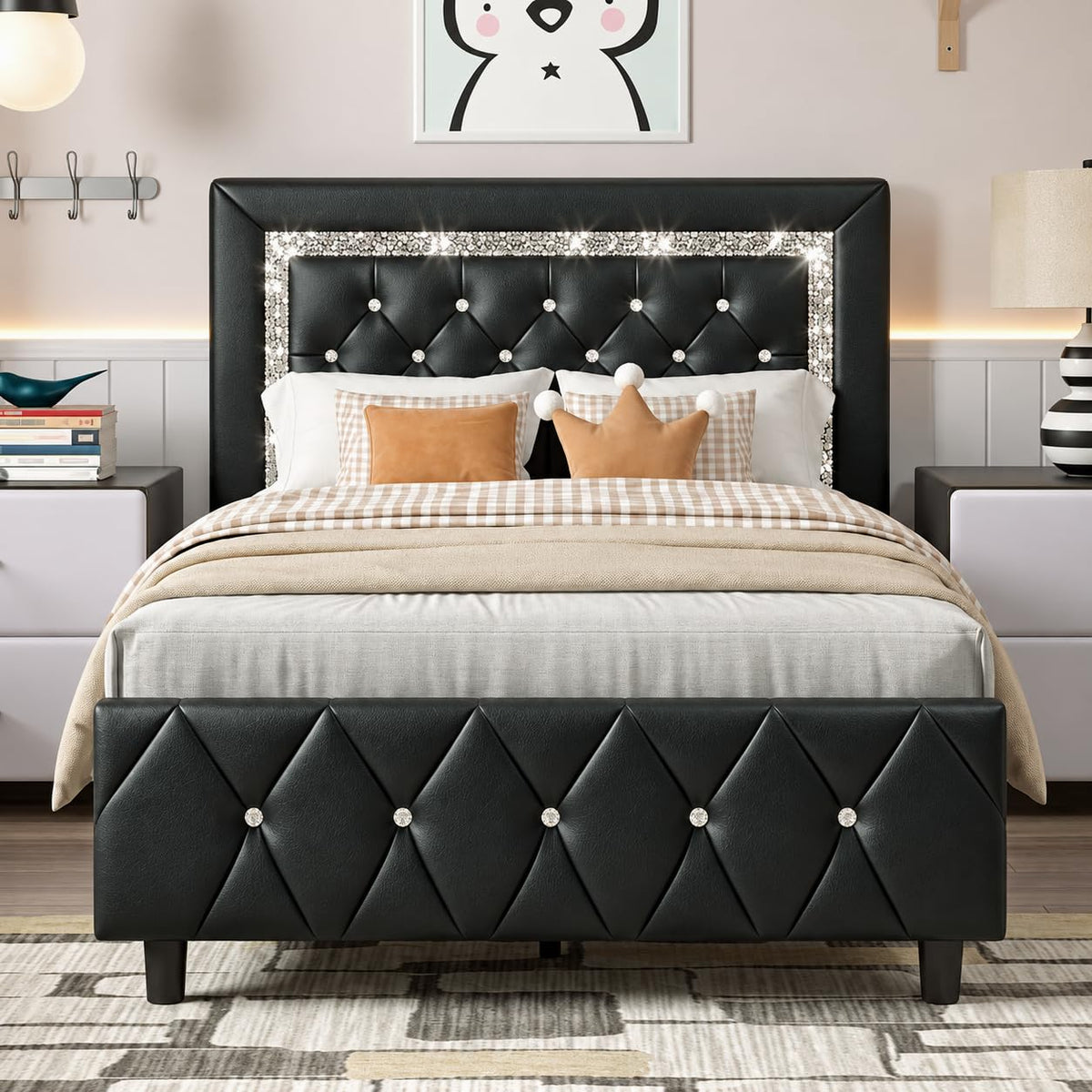 HOMBCK Bed Frame with Diamond Headboard, Faux Leather Upholstered Platform Bed, Mattress Foundation, No Box Spring Needed, Easy Assembly