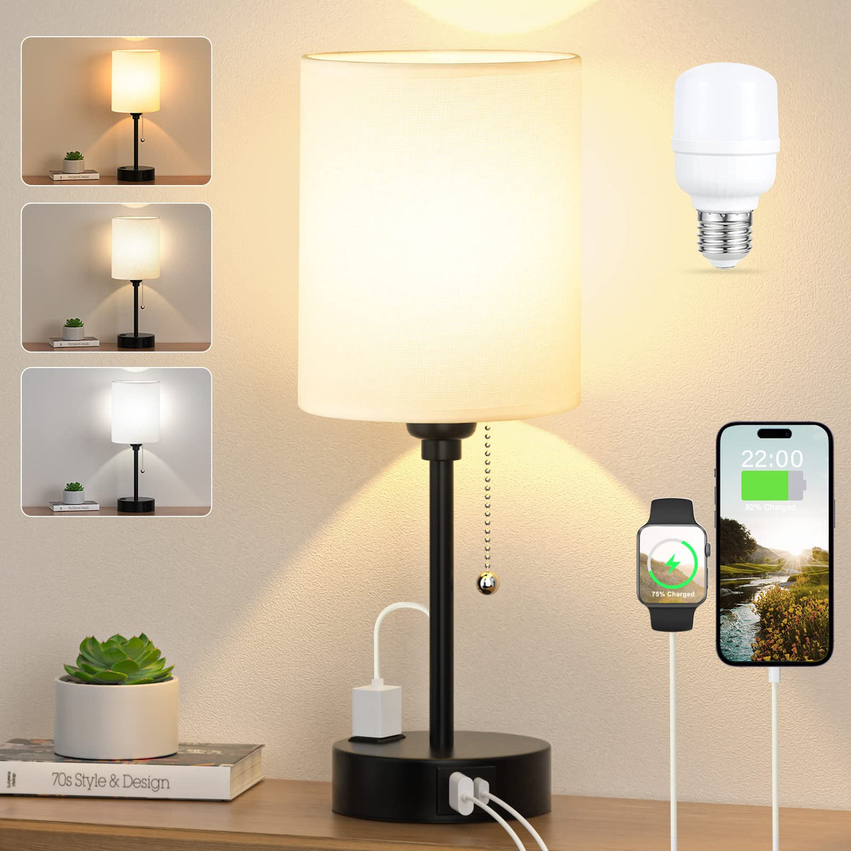 Dicoool Pull Chain Bedside Lamps for Bedroom,Small Lamp