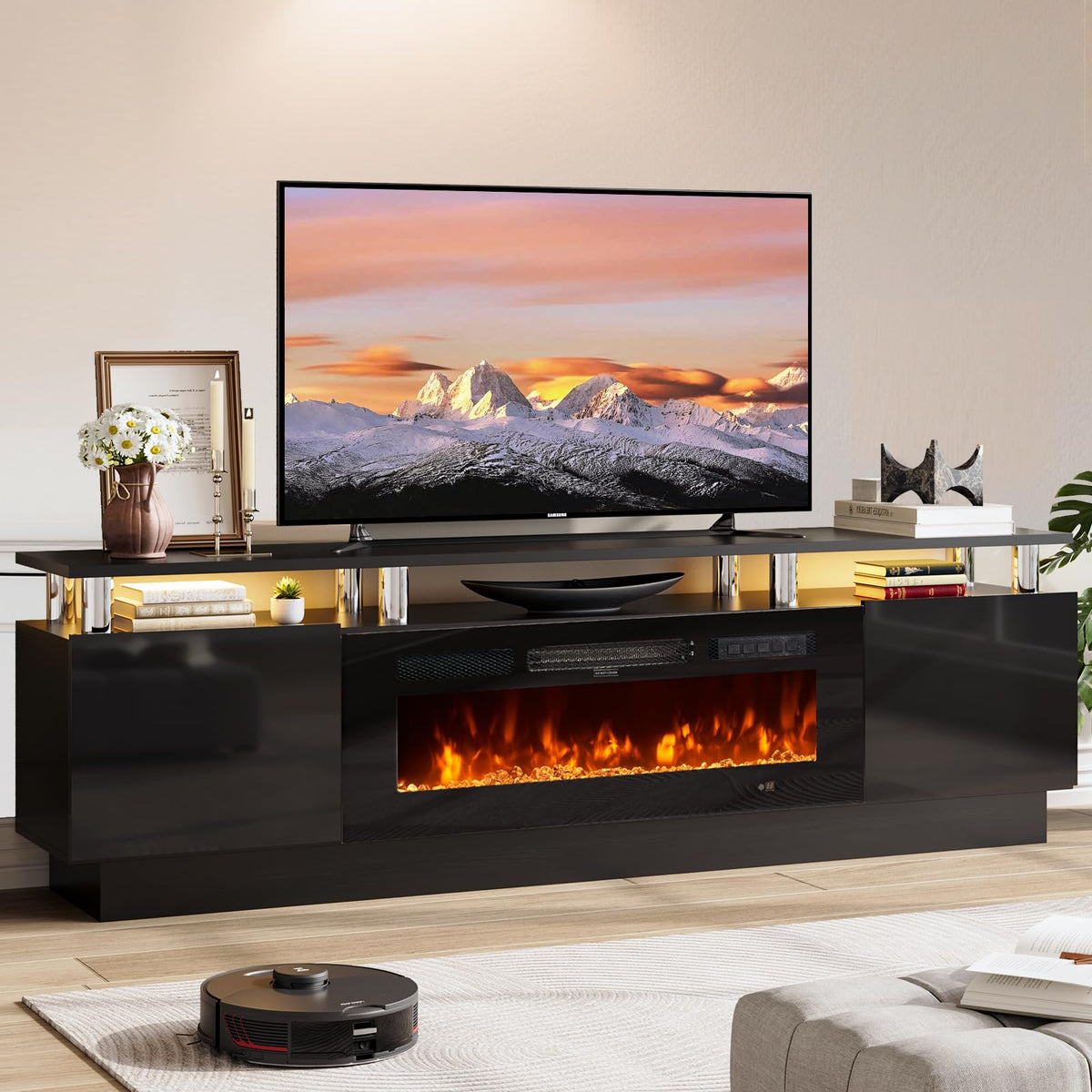 OneBlis Fireplace TV Stand, 70" Entertainment Center & Media Console, Fits TVs up to 80", Modern Living Room TV Cabinet with Storage Shelves, 36" Electric Fireplace, LED Flame