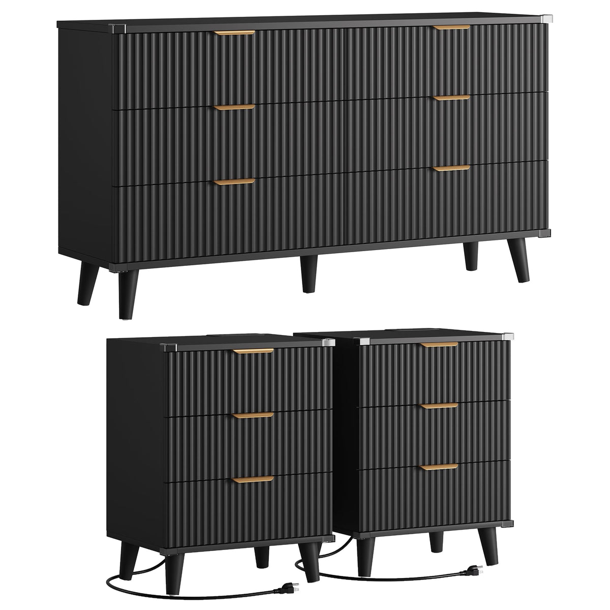 Lulive Wood Black Dresser for Bedroom Fluted Modern Chest of Drawers Storage Organizer