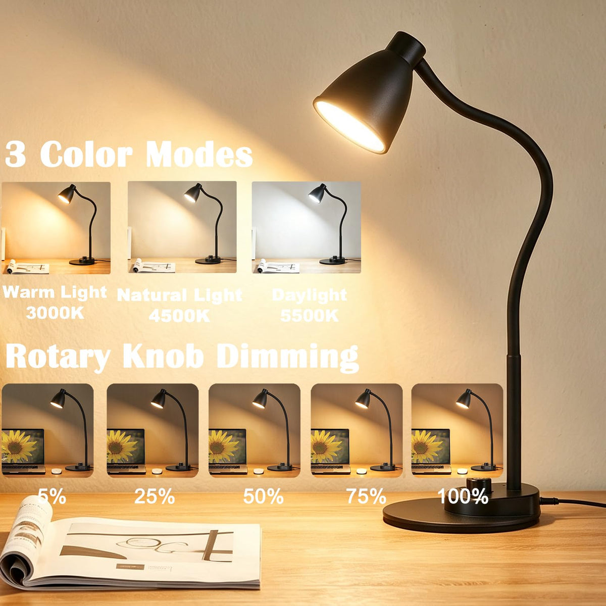 BOHON LED Desk Lamp with USB Charging Port 3 Color Modes Dim Reading Light