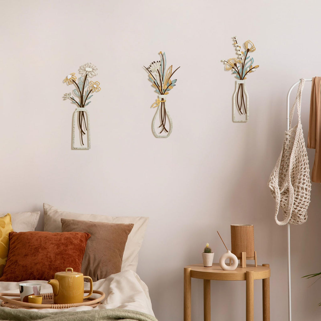 Pigort 3 Pieces Metal Flowers Wall Arts - Rustic Farmhouse Style Décor Metal Wall Art Black Minimalist Flower Natural Themed Wall Decors for Home Bedroom Dining Room Housewarming