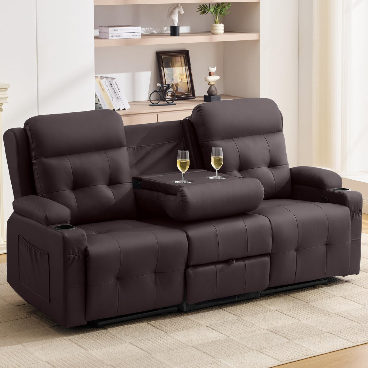 Korser 3-Seater Loveseat Recliner Sofa, Manual Recliner Chair with Flip Back Console, Cup Holder & USB, Home Theater Seating for Family Party, PU Leather