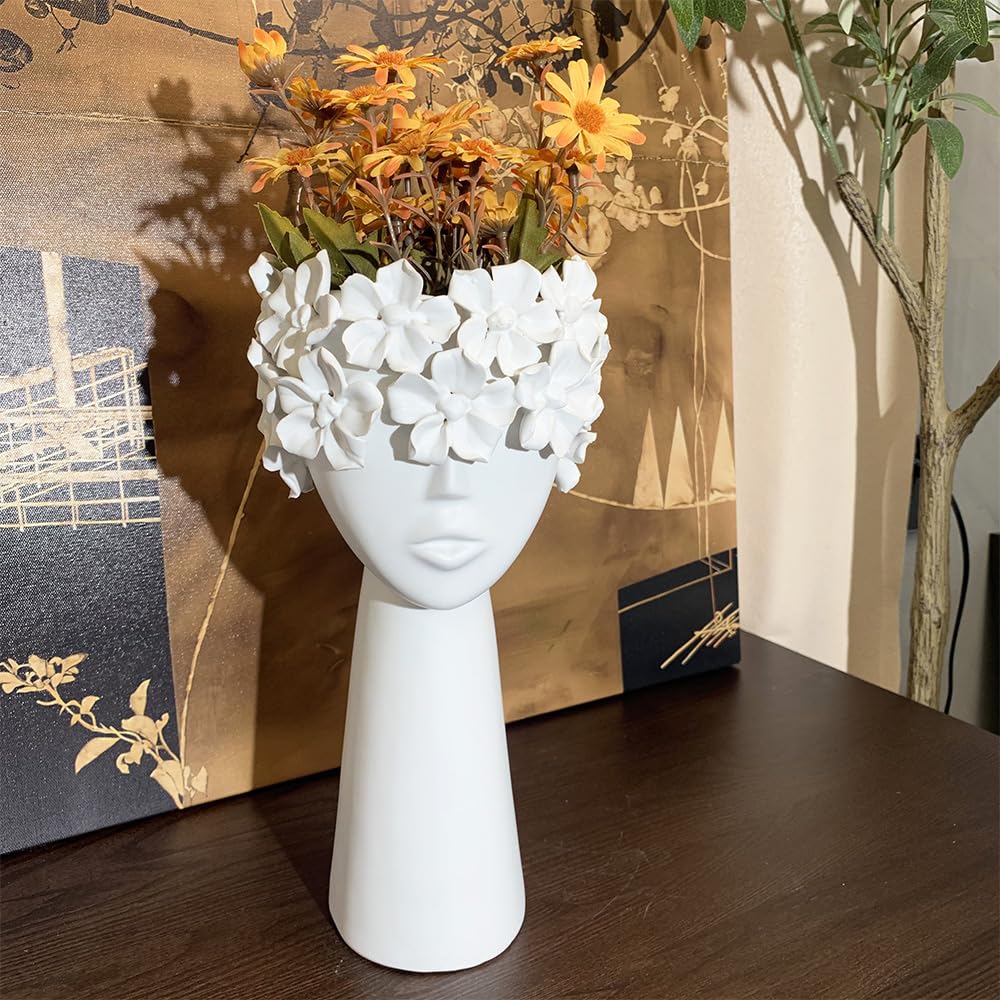 Ceramic Sculpture Female Head Face Flower Vase Decoration, Unique White Centerpiece for Home Decor