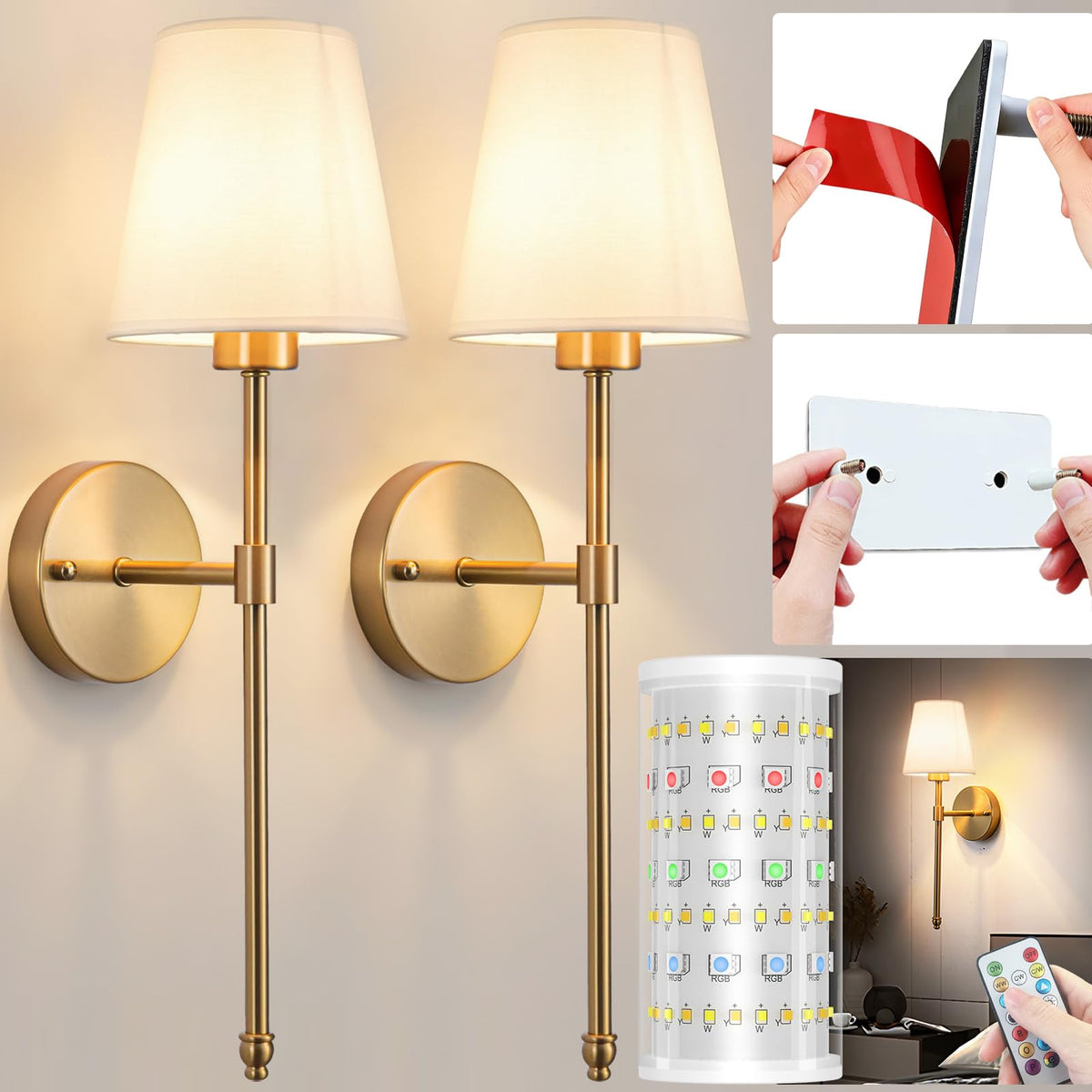 Battery Operated Wall Sconces Set Of Two, Wireless Battery Wall Light With 10000mAh RGB Rechargeable Magnetic Bulb, Rechargeable Wall Sconce With Remote Control For Bedroom, No Electrician Required