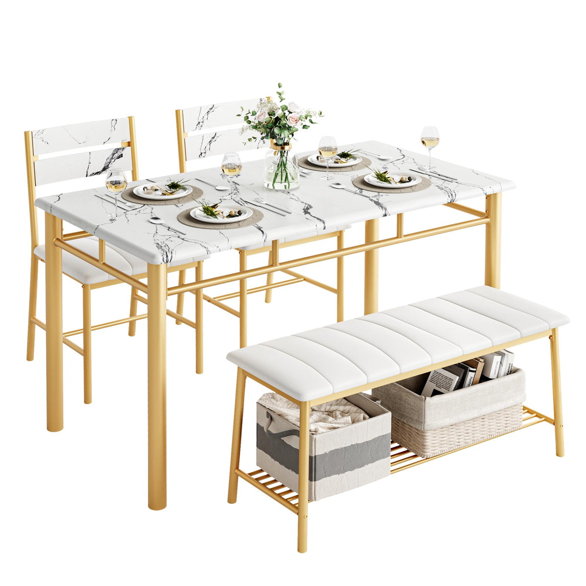 IRONCK Dining Table Set for 4, Kitchen Table with Upholstered Bench and 2 Chairs, Kitchen Table and Chairs Set for Small Space, Apartment