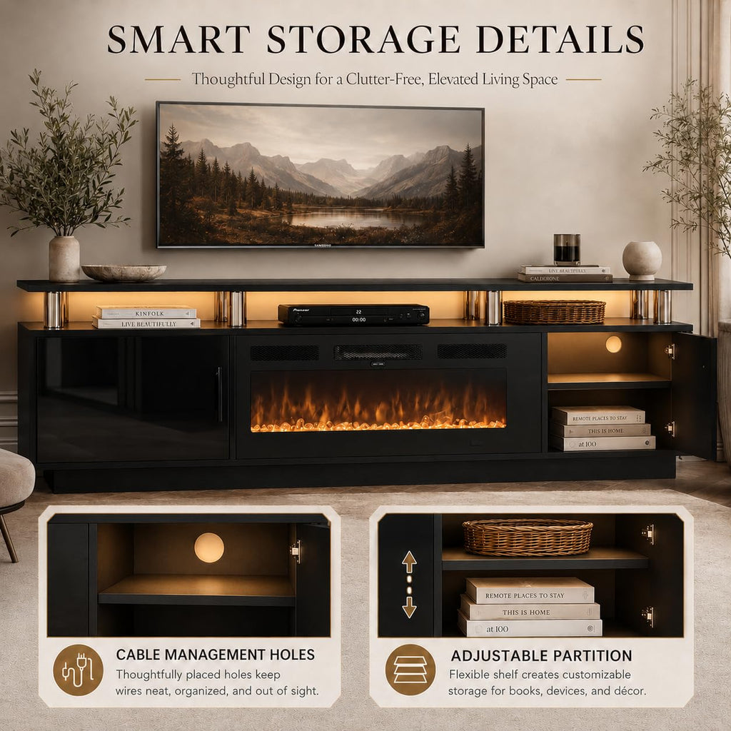 OneBlis Fireplace TV Stand, 70" Entertainment Center & Media Console, Fits TVs up to 80", Modern Living Room TV Cabinet with Storage Shelves, 36" Electric Fireplace, LED Flame