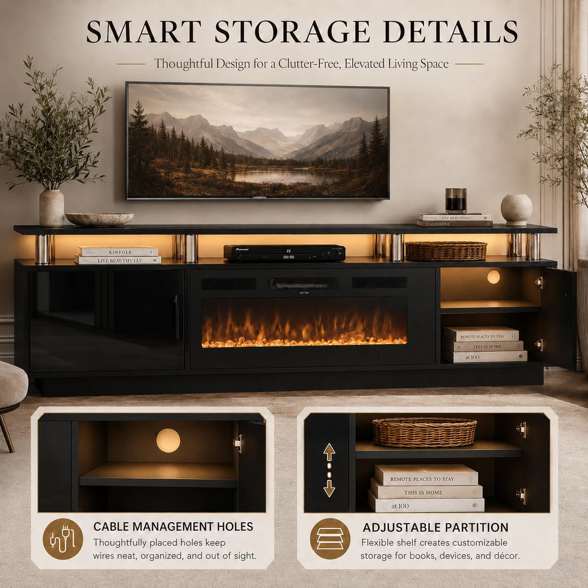 OneBlis Fireplace TV Stand, 70" Entertainment Center & Media Console, Fits TVs up to 80", Modern Living Room TV Cabinet with Storage Shelves, 36" Electric Fireplace, LED Flame