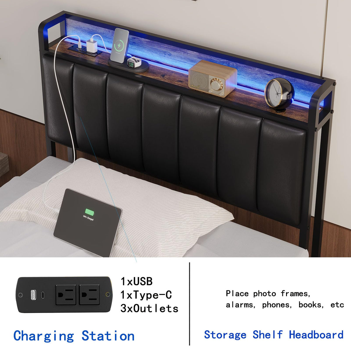 Muluflower Upholstered Headboard with LED Lights & Charging Station, PU Upholstery, Headboard Only, Height Adjustable, Attach Frame, Sturdy and Stable, Easy Assembly
