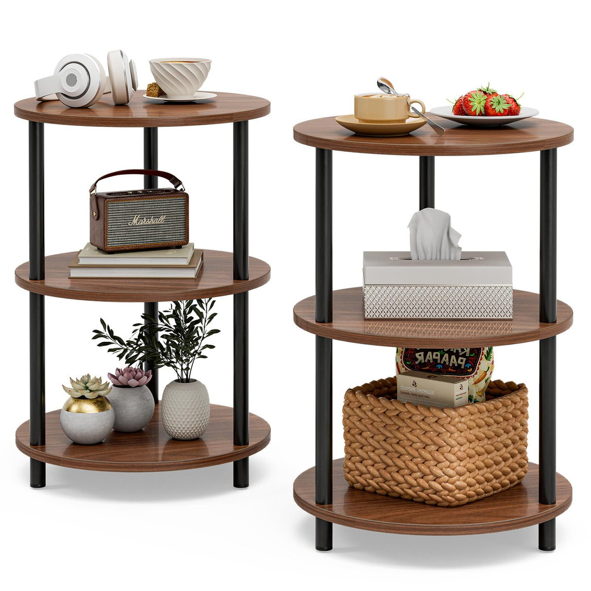 XBurmo Small Round End Table - 3 Tier Design Accent Table, Narrow Side or Bedside Stand, Industrial Vintage Nightstand for Bedroom, Living Room, or Small Spaces