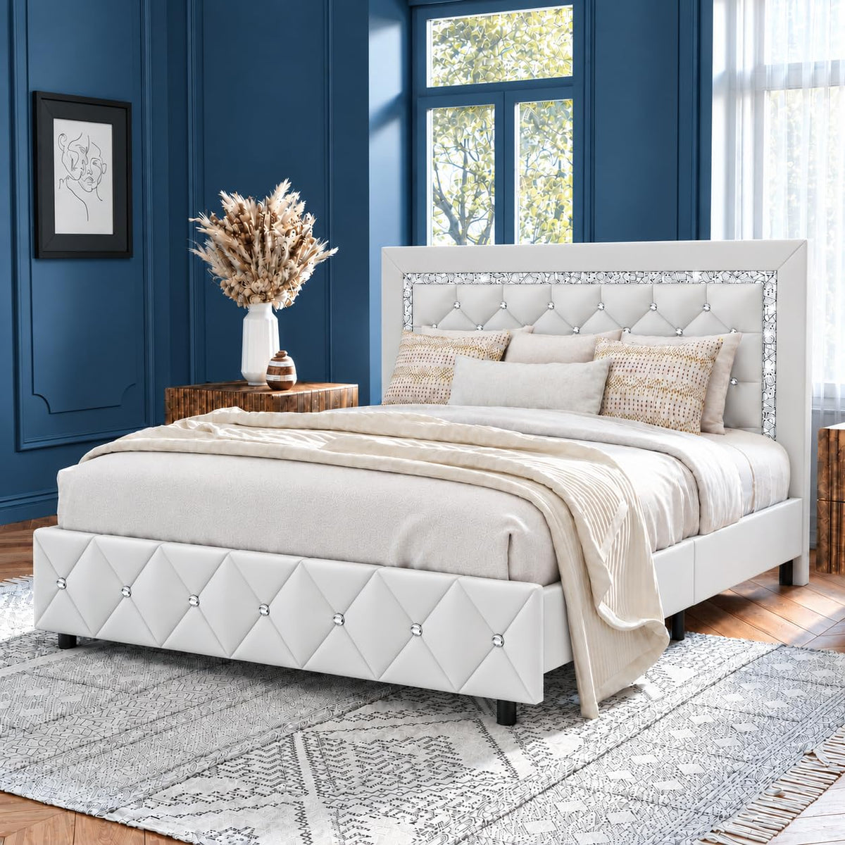 HOMBCK Bed Frame with Diamond Headboard, Faux Leather Upholstered Platform Bed, Mattress Foundation, No Box Spring Needed, Easy Assembly