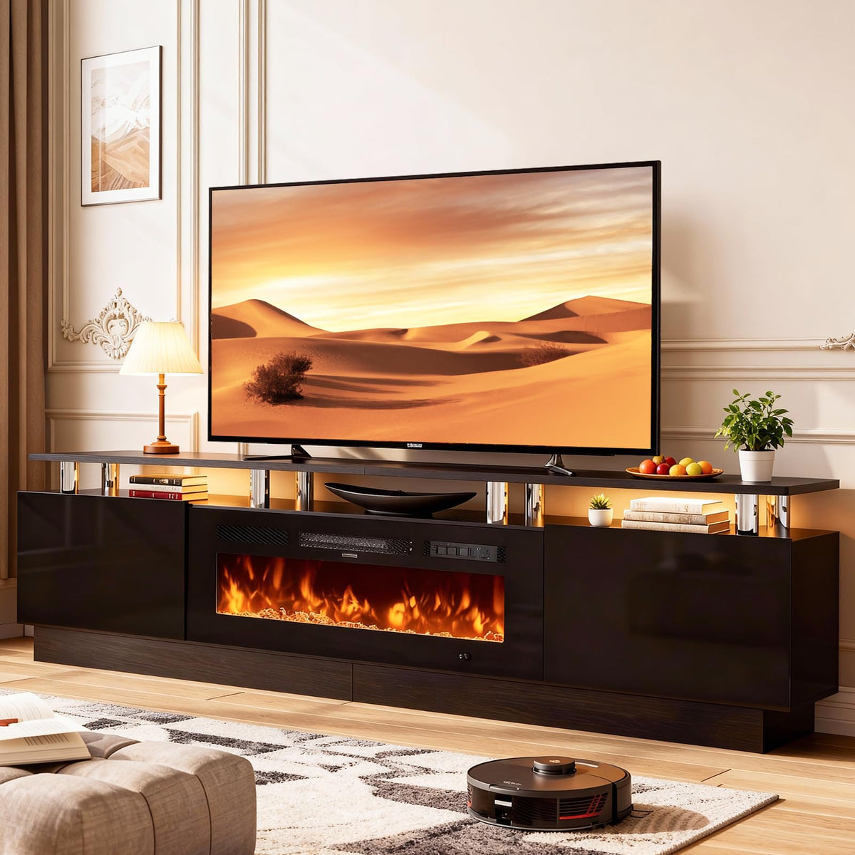 OneBlis Fireplace TV Stand, 70" Entertainment Center & Media Console, Fits TVs up to 80", Modern Living Room TV Cabinet with Storage Shelves, 36" Electric Fireplace, LED Flame
