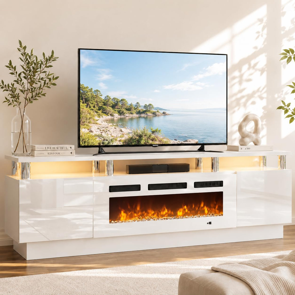 OneBlis Fireplace TV Stand, 70" Entertainment Center & Media Console, Fits TVs up to 80", Modern Living Room TV Cabinet with Storage Shelves, 36" Electric Fireplace, LED Flame