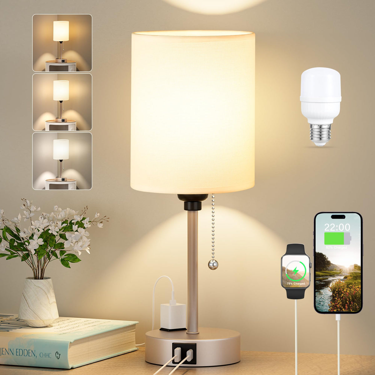 Dicoool Pull Chain Bedside Lamps for Bedroom,Small Lamp