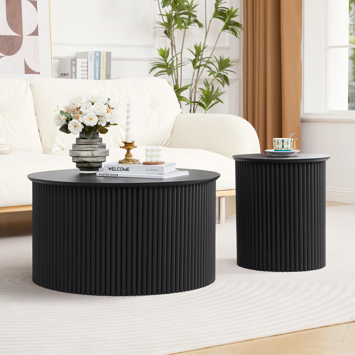 2-Piece Modern Farmhouse Living Room Coffee Table Set, Modern Wood Grain Pattern Natural Wood Finish Side Table and End Table Set for Living Room, Bedroom, Cafe, Office