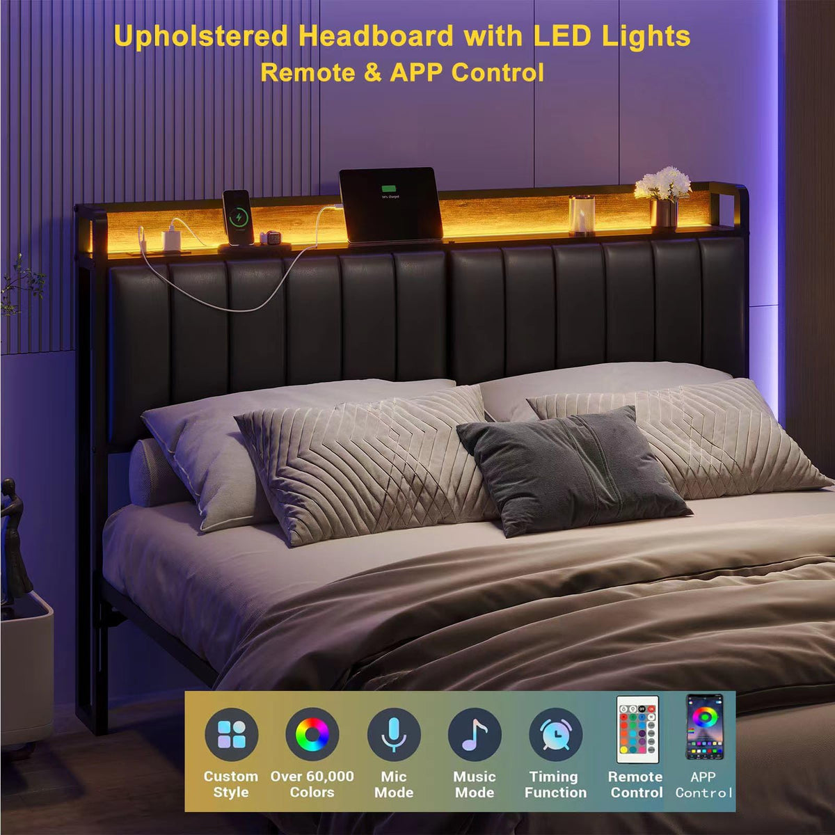 Muluflower Upholstered Headboard with LED Lights & Charging Station, PU Upholstery, Headboard Only, Height Adjustable, Attach Frame, Sturdy and Stable, Easy Assembly