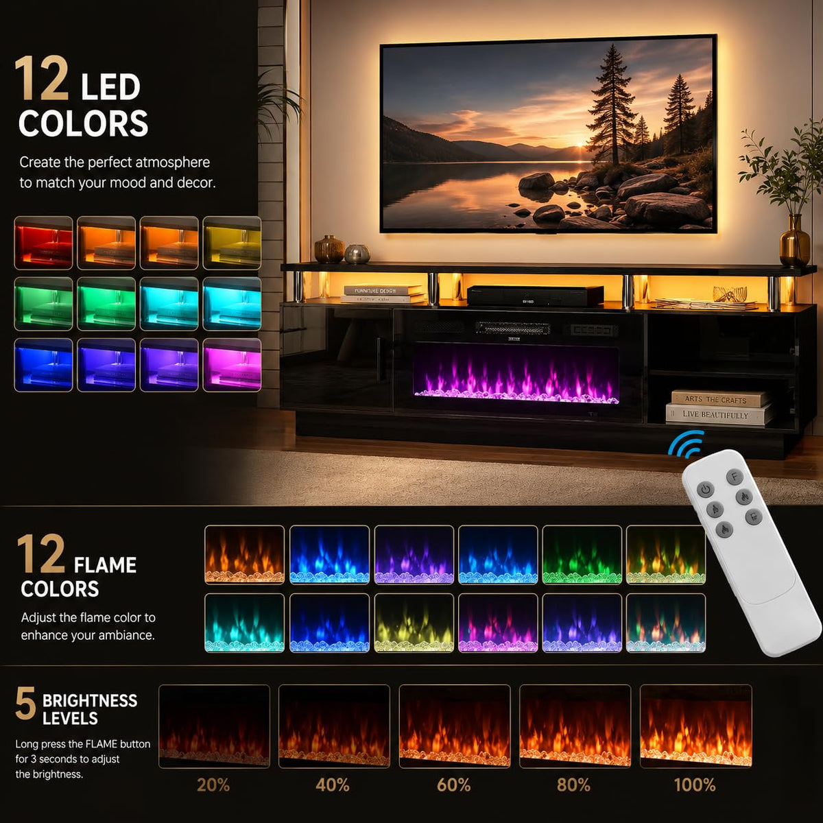 OneBlis Fireplace TV Stand, 70" Entertainment Center & Media Console, Fits TVs up to 80", Modern Living Room TV Cabinet with Storage Shelves, 36" Electric Fireplace, LED Flame