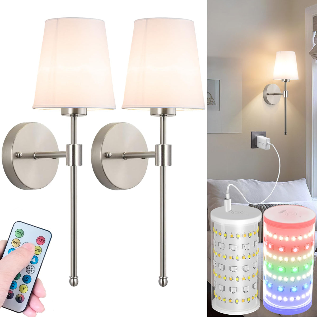 Battery Operated Wall Sconces Set Of Two, Wireless Battery Wall Light With 10000mAh RGB Rechargeable Magnetic Bulb, Rechargeable Wall Sconce With Remote Control For Bedroom, No Electrician Required