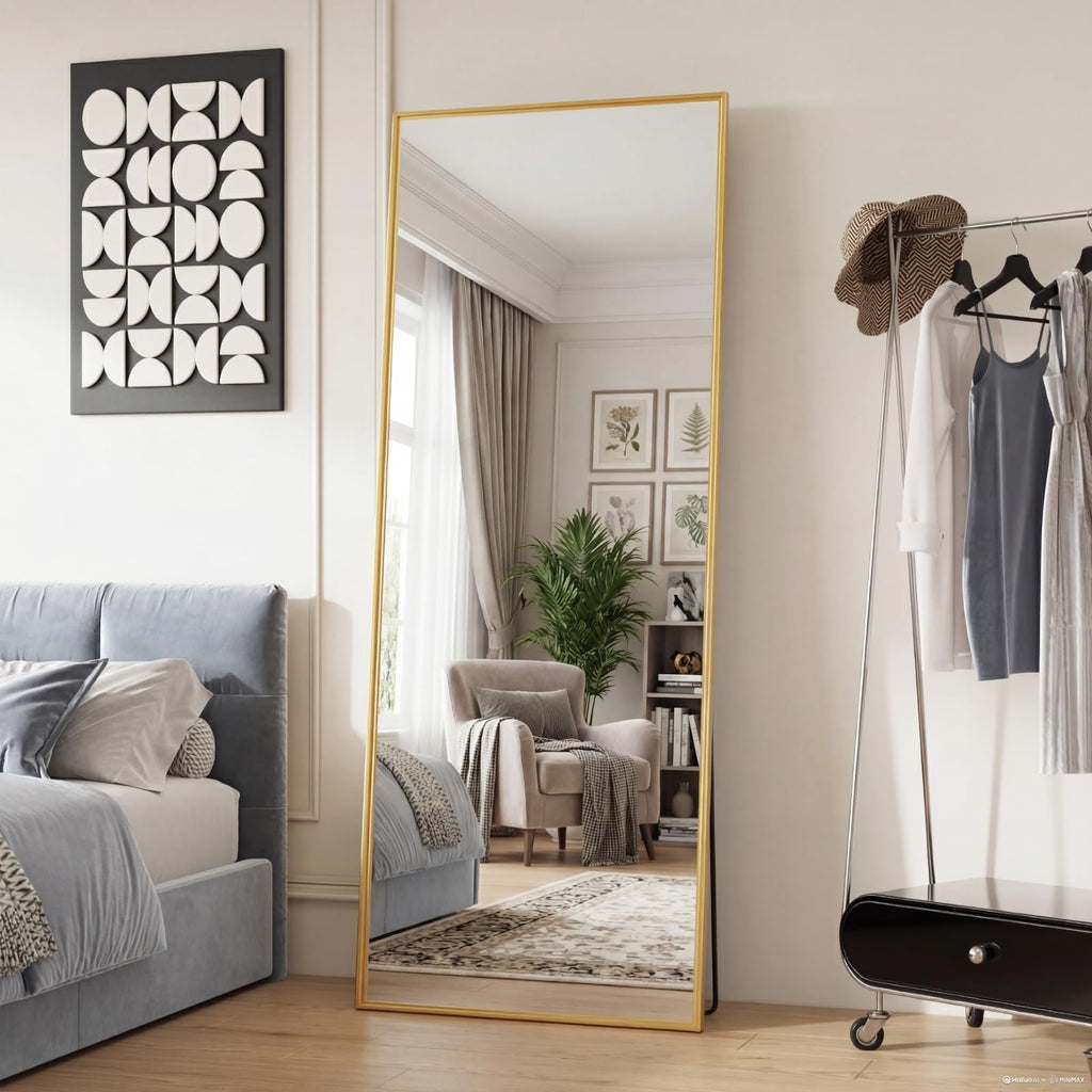 DUMOS Full Length Mirror Body Floor Mirror for Bedroom or Cloakroom, Can Stand Alone, Hang or Lean Against Wall, Tall Wall Mirror with Stand and Sleek Aluminum Alloy Thin Frame