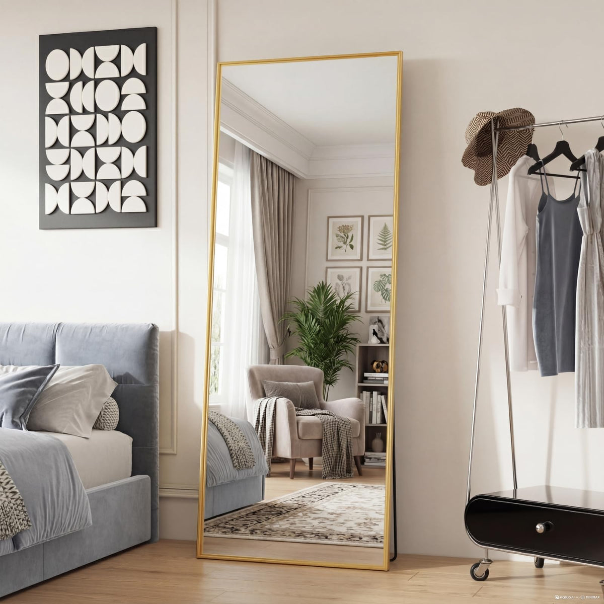 DUMOS Full Length Mirror Body Floor Mirror for Bedroom or Cloakroom, Can Stand Alone, Hang or Lean Against Wall, Tall Wall Mirror with Stand and Sleek Aluminum Alloy Thin Frame