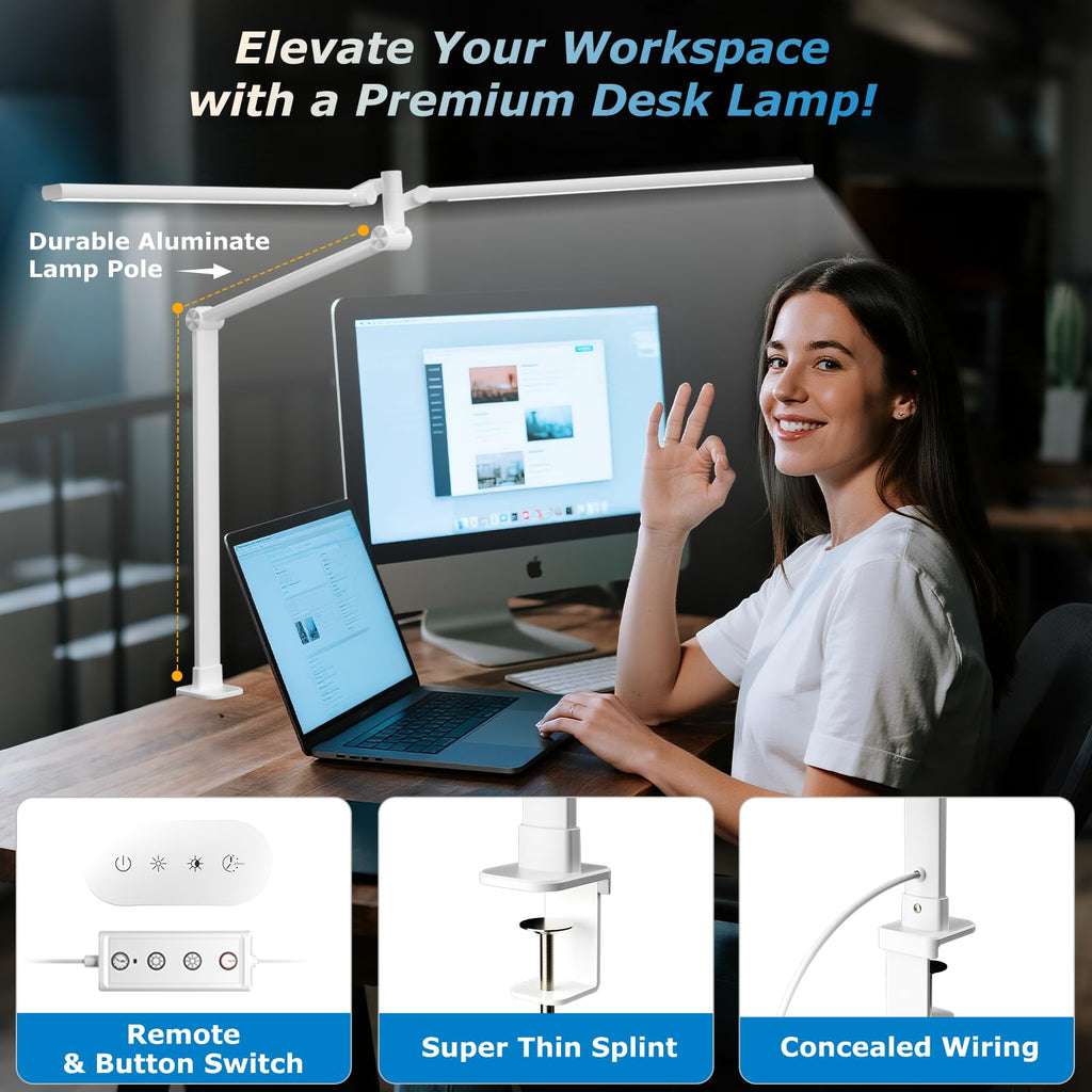 Airlonv LED Desk Lamp with Clamp, 17" Stepless Dimming Light
