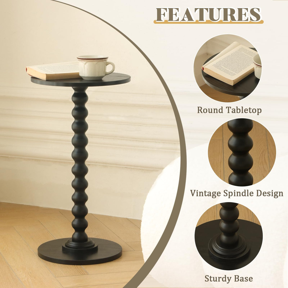 Fultyle Round Side Table, Small Drink Table for Small Spaces, Modern End Coffee Table with Solid Wood Leg for Living Room, Bedroom, Corners, and Office