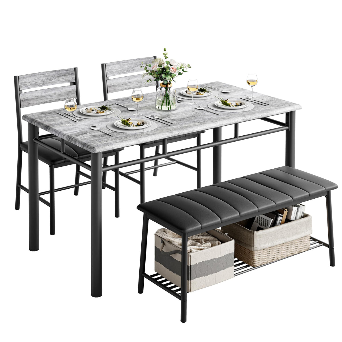 IRONCK Dining Table Set for 4, Kitchen Table with Upholstered Bench and 2 Chairs, Kitchen Table and Chairs Set for Small Space, Apartment
