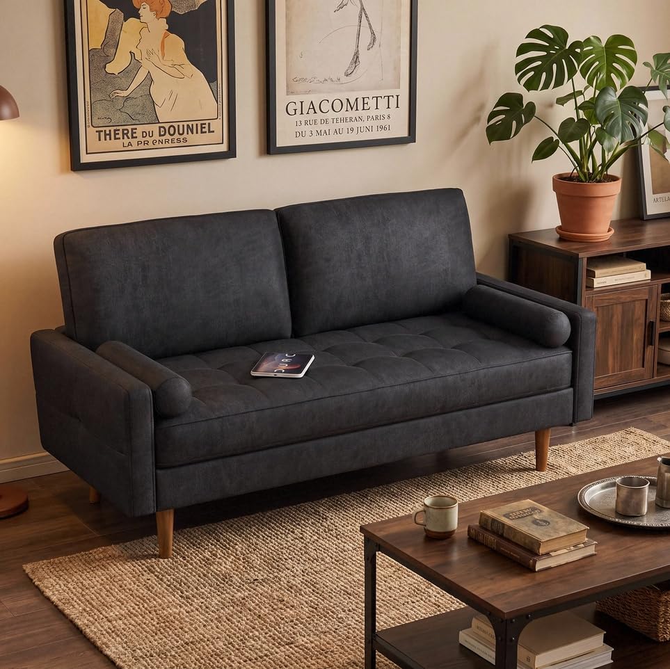 HIFIT 58" Loveseat Sofa Couch, Mid Century Modern Faux Leather Couch, Brown